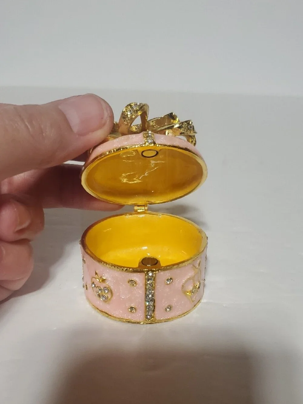 Pink Enamel Trinket Box with Gold Bow Accent